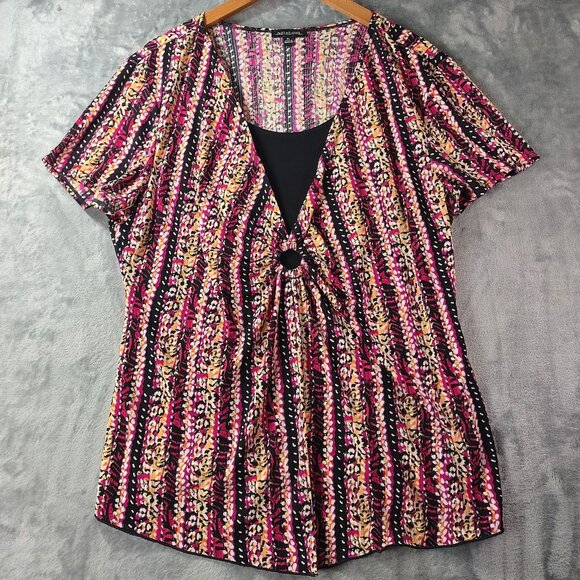 Notations Womens Ring Keyhole Stretch Knit Top XL Abstract Stripe High Low Artsy - Picture 1 of 12